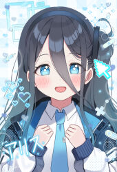  1girl :d aris_(blue_archive) black_hair black_hairband blue_archive blue_eyes blue_necktie blush collared_shirt cursor hair_between_eyes hairband halo hands_up heart jacket kubong long_hair long_sleeves necktie one_side_up open_clothes open_jacket open_mouth pixelated plaid plaid_background puffy_long_sleeves puffy_sleeves shirt sleeves_past_wrists smile solo upper_body white_shirt 