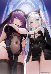  2girls absurdres alternate_costume black_dress black_headwear black_thighhighs blunt_bangs breasts cleavage_cutout closed_mouth clothing_cutout commentary covered_navel dress elf fern_(sousou_no_frieren) frieren from_below green_eyes highres large_breasts long_hair looking_at_viewer machi_(7769) medium_breasts multiple_girls nun open_mouth panty_straps patreon_username pelvic_curtain pointy_ears purple_eyes purple_hair side_slit sousou_no_frieren symbol-only_commentary thighhighs twintails veil white_hair  rating:Sensitive score:92 user:danbooru