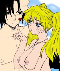  1boy 1girl arm_under_breasts black_eyes black_hair blonde_hair blue_eyes breasts casual_nudity cleavage closed_mouth collarbone facial_mark facing_another genderswap genderswap_(mtf) hand_on_forehead hand_on_own_forehead hand_up height_difference index_finger_raised jewelry large_breasts lipstick_mark long_hair looking_at_another looking_to_the_side matching_hair/eyes muscular naruko_(naruto) naruto naruto_(series) necklace nipples nude okiyumi_kase open_mouth pectorals short_hair spiked_hair tongue topless_frame twintails uchiha_sasuke upper_body uzumaki_naruto whisker_markings whiskers  rating:Questionable score:14 user:Sweet_Kallen
