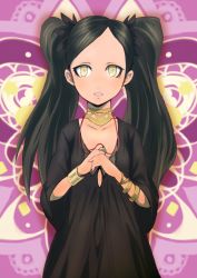  1girl black_dress black_hair bracelet collarbone dragon&#039;s_dogma dragon&#039;s_dogma_(series) dress flat_chest highres jewelry long_hair looking_at_viewer mineta_naoki necklace no_eyebrows open_mouth selene_(dragon&#039;s_dogma) sleeves_past_elbows solo twintails wide_sleeves yellow_eyes  rating:General score:14 user:danbooru