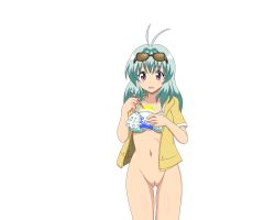 1girl bottomless bra cleft_of_venus food glasses green_hair highres ice_cream legs lingerie long_hair nude_filter open_mouth pussy run_elsie_jewelria solo third-party_edit to_love-ru uncensored underwear rating:Explicit score:13 user:spotless