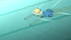 10s 1girl animated anime_screenshot ass barefoot blonde_hair blue_bow blue_eyes bow butt_crack dated eureka_seven_(series) eureka_seven_ao fleur_blanc one-piece_swimsuit partially_submerged pool poolside screencap short_hair skirt swimming swimsuit tagme video water
