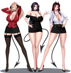  3girls arm_behind_head arm_up bare_legs bare_shoulders baru_(val-val) belt black_belt black_choker black_footwear black_hair black_legwear blonde_hair breasts choker cleavage collared_shirt contrapposto cosplay curvy demon_girl demon_horns demon_tail dress fingernails formal full_body garter_straps green_eyes hair_over_one_eye hand_on_own_hip high_heels holding holding_pointer horns huge_breasts impossible_clothes lace lace-trimmed_legwear lace_trim large_breasts legs legs_together lips lipstick long_fingernails long_hair long_legs long_sleeves looking_at_viewer makeup microdress microskirt minidress miniskirt monster_girl multiple_girls nail_polish original parted_bangs parted_lips pencil_skirt pixiv_succubus pointer red_eyes red_hair revealing_clothes shirt shoes short_dress simple_background single_horn skirt skirt_suit standing stiletto_heels suit tail teacher thighhighs white_background white_shirt zettai_ryouiki 