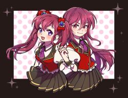  2girls :d black_skirt black_wrist_cuffs blush bow collared_shirt commentary_request frilled_wrist_cuffs frills hair_between_eyes hair_bow hair_ornament heart heart_hair_ornament holding_hands lapels long_hair looking_at_viewer love_live! love_live!_school_idol_festival mido_yuri miyashita_coco_(love_live!) multiple_girls necktie open_mouth pleated_skirt polka_dot polka_dot_background puffy_short_sleeves puffy_sleeves purple_eyes purple_necktie red_eyes red_hair shirt short_sleeves sidelocks skirt smile sparkle twintails ukata upper_body v-shaped_eyebrows waistcoat white_shirt wrist_cuffs 