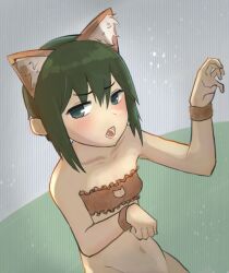  1girl animal_ear_fluff animal_ears bare_shoulders blush bottomless bra breasts brown_bra brown_wristband cat_cutout cat_ears cat_lingerie claw_pose clothing_cutout collarbone commentary dutch_angle english_commentary furrowed_brow green_background green_eyes grey_background groin hair_between_eyes hands_up highres kemonomimi_mode kino_(kino_no_tabi) kino_no_tabi looking_at_viewer looking_to_the_side meme_attire navel open_mouth paw_pose riceball_sama short_hair sidelocks small_breasts solo standing underwear 
