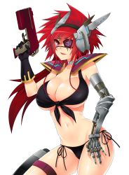  1girl bikini blush breasts cleavage eyepatch female_focus gun hair_ornament highres large_breasts lauren_(uncraft_me!) long_hair prosthesis prosthetic_arm red_eyes red_hair solo swimsuit uncraft_me! uncraft_me_2! weapon  rating:Sensitive score:18 user:GrrDraxin
