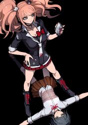  2girls absurdres bear_hair_ornament black_background black_choker black_footwear black_hair black_necktie black_shirt blonde_hair boots bow breasts brown_skirt buttons choker cleavage collarbone danganronpa:_trigger_happy_havoc danganronpa_(series) enoshima_junko freckles frown hair_ornament hand_on_own_hip highres holding holding_phone ikusaba_mukuro knee_boots large_breasts long_hair miniskirt multiple_girls nail_polish neck_ribbon necktie phone plaid plaid_skirt pleated_skirt red_bow red_nails red_skirt ribbon shirt short_hair siblings simple_background sisters skirt twintails white_necktie youko-shima 