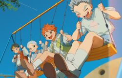  4boys annsmow black_hair blue_shirt blue_shorts blue_sky blurry blush bokuto_koutarou branch brown_footwear child closed_eyes closed_mouth contrail depth_of_field green_eyes green_vest grey_hair grin haikyuu!! happy highres hinata_shouyou hood hoodie hoshiumi_kourai jacket looking_at_viewer male_focus multicolored_clothes multicolored_hair multicolored_jacket multiple_boys nishinoya_yuu open_clothes open_jacket open_mouth orange_eyes orange_hair outdoors red_jacket shirt short_sleeves shorts sky smile socks swing teeth twitter_username two-tone_hair two-tone_jacket v-shaped_eyebrows vest white_hoodie white_socks 
