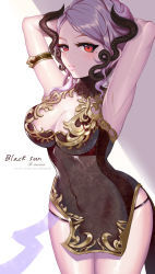 10s 1girl armlet armpits arms_behind_head b-anma black_panties blade_&amp;_soul blush breasts china_dress chinese_clothes cleavage cleavage_cutout clothing_cutout covered_navel cowboy_shot dress eyelashes highres horns lips looking_at_viewer medium_breasts mole mole_under_eye panties parted_lips pelvic_curtain red_eyes short_dress silver_hair solo underwear rating:Sensitive score:20 user:danbooru