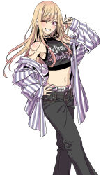  1girl absurdres baggy_clothes barbell_piercing bare_shoulders black_choker black_collar black_nails black_pants blonde_hair blush breasts choker clothes_writing collar colored_tips commentary_request copyright_name denim ear_piercing earrings english_text fake_nails gradient_hair grin gyaru highres industrial_piercing jeans jewelry kitagawa_marin long_hair looking_at_viewer medium_breasts midriff multicolored_hair navel off_shoulder one_eye_closed open_clothes open_shirt panties pants panty_peek piercing pink_nails red_eyes red_hair revision shirt simple_background smile solo sono_bisque_doll_wa_koi_wo_suru standing striped_clothes striped_shirt swept_bangs teeth underwear underwear_writing vertical-striped_clothes vertical-striped_shirt yamashita_shun&#039;ya 
