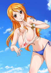 1girl areola_slip bikini bikini_bottom_only blush breasts brown_eyes cleavage curvy highres hip_focus large_breasts long_hair looking_at_viewer nami_(one_piece) navel nipples no_bra one_piece orange_hair outdoors rider_(orange_couture) see-through shoulder_tattoo side-tie_bikini_bottom smile solo standing stomach swimsuit tattoo thick_thighs thighs topless wide_hips  rating:Questionable score:171 user:Vardigiil