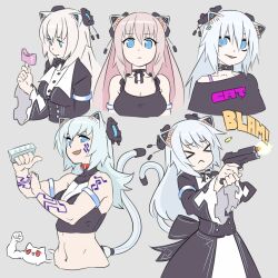  &gt;_&lt; 5girls :&lt; @_@ animal_collar animal_ear_piercing animal_ears arm_tattoo armlet bare_shoulders black_coat black_collar black_shirt blue_eyes bra_strap brass_knuckles breasts casing_ejection cat_ears cat_girl cat_tail choker cleavage closed_mouth coat collar commentary_request corset creature cropped_shirt cropped_torso dress eating english_text expressionless facial_tattoo firing food furrowed_brow grey_background grey_hair gun hand_on_own_arm head_tilt headgear highres holding holding_food holding_gun holding_popsicle holding_weapon large_breasts long_hair long_sleeves looking_at_viewer magari_(c0rn3r) mass_production_nora_cat mechanical_ears mechanical_tail midriff multiple_girls muzzle_flash navel nora_cat_channel off_shoulder open_mouth pink_hair pointing pointing_at_self pointing_with_thumb popsicle print_shirt red_collar ribbon_choker shell_casing shirt simple_background sleeveless sleeveless_shirt smile spaghetti_strap tail tattoo toned_female two-handed upper_body virtual_youtuber weapon white_dress white_hair wide_sleeves 