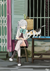 1girl absurdres asashimo_(kancolle) asashimo_kai_ni_(kancolle) blue_bow blue_bowtie boots bow bowtie calico cat cross-laced_footwear crossed_legs dress grey_eyes grey_hair hair_over_one_eye highres holding jacket kantai_collection lace-up_boots long_hair outdoors ponytail purple_dress signature sitting solo stool thighhighs toplow window 