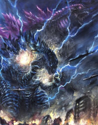  absurdres blue_eyes city crossover destruction drone dual_persona electricity energy energy_pulse explosion fire g.n.a. general_atomics_aeronautical_systems glowing glowing_eyes godzilla godzilla_(series) godzilla_evolved godzilla_x_kong:_the_new_empire highres kaijuu king_kong_(series) legendary_pictures military monsterverse mq-9_reaper night no_humans no_pupils nuclear_pulse pink_eyes rain roaring toho transformation unmanned_aerial_vehicle unmanned_combat_aerial_vehicle 