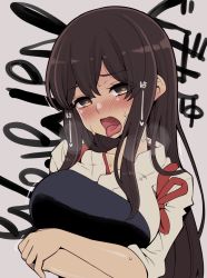 10s 1girl akagi_(kancolle) blush breast_hold breasts breath brown_eyes brown_hair grey_background hanauna heart heart-shaped_pupils heavy_breathing japanese_clothes kantai_collection large_breasts long_hair muneate nontraditional_miko open_mouth short_sleeves solo sweat symbol-shaped_pupils tasuki text_background text_focus tongue tongue_out rating:Questionable score:8 user:danbooru