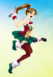  1girl bell brown_eyes brown_hair female_focus full_body gensou_suikoden gensou_suikoden_i gensou_suikoden_ii gloves gradient_background hammer long_hair meg_(suikoden) mocom1122 open_mouth ponytail red_thighhighs solo thighhighs wrench 