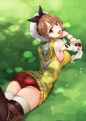 1girl artist_request ass atelier_(series) atelier_ryza bare_shoulders boots breasts brown_eyes brown_hair cameltoe from_behind hair_ornament hair_ribbon hairclip hat highres large_breasts looking_at_viewer looking_back lying on_stomach open_mouth red_shorts reisalin_stout ribbon shiny_skin short_hair short_shorts shorts sideboob smile solo thigh_boots thighhighs vest rating:Sensitive score:8 user:armorcrystal