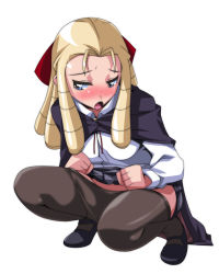 00s 1girl ariyon blonde_hair blue_eyes blush cape clothes_lift clothes_pull freckles hair_slicked_back montmorency_margarita_la_fere_de_montmorency no_panties open_mouth pantyhose pantyhose_pull skirt skirt_lift solo squatting zero_no_tsukaima rating:Questionable score:34 user:danbooru
