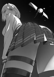 1girl ass bad_id bad_pixiv_id bent_over blush breasts collared_shirt commentary cowboy_shot english_commentary eyelashes from_below greyscale hair_ornament highres hololive hololive_english long_sleeves looking_at_viewer manamachii medium_breasts miniskirt monochrome open_mouth plaid plaid_skirt satellite shirt short_hair skirt solo thigh_strap thighhighs thighs virtual_youtuber watson_amelia rating:Sensitive score:45 user:danbooru