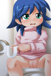 1girl amao_miru bathroom blue_hair blush bottomless cleft_of_venus embarrassed fat_mons female_focus green_eyes live_on_cardliver_kakeru loli long_sleeves open_mouth pink_shirt pussy sana_(kerarino) shirt short_hair sitting solo spread_legs toilet toilet_paper toilet_use uncensored wall rating:Explicit score:50 user:sytalidis
