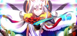1girl ascot black_gloves braid breasts cape earrings fate/grand_order fate_(series) frown fur_trim game_cg gloves hair_between_eyes horns jewelry long_hair looking_at_viewer medium_breasts official_art olga_marie_animusphere open_mouth orange_eyes side_braid smile solo takeuchi_takashi u-olga_marie very_long_hair white_hair yellow_eyes yellow_horns
