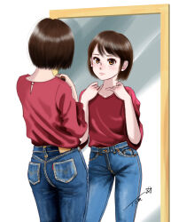  1girl artist_name ass blue_jeans brown_eyes brown_hair checking_mirror chutohampa denim earrings highres jeans jewelry mirror necklace original pants pearl_earrings red_shirt shirt shirt_tucked_in signature  rating:Sensitive score:4 user:RapidsLurker15