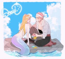 1boy 1girl barefoot belt black_jacket blonde_hair blush breasts brown_eyes cleavage collarbone couple earrings fairy_tail grabbing grabbing_another&#039;s_breast heart heart_earrings highres indian_style jacket jewelry large_breasts long_hair long_sleeves lucy_heartfilia marcoricoso mermaid mermaid_tail mermaid_transformation monster_girl nail_polish natsu_dragneel one_eye_closed pants parted_lips pink_hair pink_nails saku_sanotsuki scarf short_hair simple_background sitting sitting_on_person spiked_hair tattoo white_background white_pants white_scarf  rating:Questionable score:12 user:marcoricoso