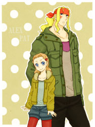  1boy 1girl age_difference alex_(street_fighter) bad_id bad_pixiv_id blonde_hair blue_eyes capcom casual frogcage headband height_difference jacket long_hair orange_hair pantyhose patricia_(street_fighter) polka_dot polka_dot_background ponytail red_pantyhose shorts sidelocks size_difference smile street_fighter street_fighter_iii_(series) 
