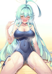  1girl absurdres ahoge bare_arms bare_legs bare_shoulders black_one-piece_swimsuit blue_archive blush breasts cleavage collarbone green_hair highres large_breasts long_hair looking_at_viewer name_tag one-piece_swimsuit one_eye_closed open_mouth painter_j school_swimsuit solo sweat swimsuit yellow_eyes yume_(blue_archive) 