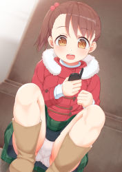 10s 1girl :d akamatsu_yui blush boots brown_eyes brown_hair commentary_request fur_trim green_skirt hair_bobbles hair_ornament highres jacket loli looking_at_viewer mitsuboshi_colors open_mouth panties pantyshot plaid plaid_skirt side_ponytail skirt smile solo squatting stained_panties tachimi_(basue) underwear walkie-talkie white_panties rating:Questionable score:97 user:danbooru