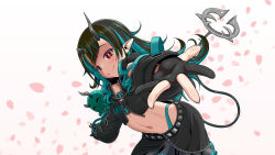  1girl belt belt_bra black_gloves black_hair black_jacket black_skirt blue_belt blue_hair blue_panties blunt_bangs blush chest_belt closed_mouth commentary cowboy_shot cropped_jacket demon_girl demon_horns demon_tail falling_petals fang flat_chest gloves grey_skirt highleg highleg_panties horns jacket layered_skirt long_hair long_sleeves looking_at_viewer medium_bangs midriff miso_panda multicolored_hair nanashi_inc. navel open_clothes open_jacket panties partially_fingerless_gloves petals pointy_ears reaching reaching_towards_viewer red_eyes shishio_chris shishio_chris_(1st_costume) skirt smile solo tail two-tone_hair underwear virtual_youtuber white_background zipper zipper_skirt 