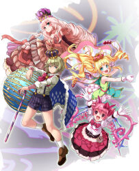 1other 3girls black_eyes blonde_hair blush breasts character_request crown dress flat_chest floating_hair gloves green_eyes ishidai_(ishidai4682) medium_breasts merc_storia multiple_girls open_mouth pink_hair red_pupils shoes shorts smile socks suspenders tagme twintails white_socks