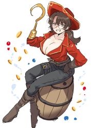  1girl barrel belt black_pants boots breasts brown_belt brown_footwear brown_gloves cleavage coin collarbone full_body genderswap genderswap_(mtf) glasses gloves gregor_(project_moon) grin hand_up hat highres hook_hand kikkoinu large_breasts limbus_company long_hair looking_at_viewer low_ponytail pants pirate_hat project_moon red_hat sitting smile solo thigh_strap 