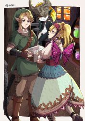 1boy 2girls agitha blonde_hair blue_eyes box butterfly_wings colored_skin detached_sleeves dress fantasy fingerless_gloves floating gloves green_skin hat highres insect_wings jar link long_hair midna multiple_girls nintendo open_mouth pointy_ears red_eyes sakuya_996 the_legend_of_zelda the_legend_of_zelda:_twilight_princess wings wooden_floor