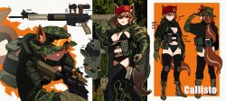  1girl absurdres ammunition_pouch animal_ears assault_rifle belt_pouch benditnow beret bikini black_thighhighs boots breasts brown_gloves brown_hair camouflage character_sheet cleavage explosive eyewear_on_head fox_ears fox_girl fox_tail full_body glasses gloves grenade gun hat highres holding holding_gun holding_weapon hood hood_down knee_pads large_breasts looking_at_viewer lying military military_uniform multicolored_hair multiple_views navel on_stomach orange-tinted_eyewear original pouch red_eyes rifle salute scope short_hair smile strap streaked_hair swimsuit tail thighhighs tinted_eyewear uniform weapon  rating:Sensitive score:3 user:danbooru