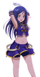  1girl :d acchi_(koiyimknp) armpits arms_up bike_shorts black_shorts blue_eyes blue_hair blush comic_lo crop_top dokidoki!_precure elbow_gloves gloves highres hishikawa_rikka long_hair looking_at_viewer midriff miniskirt navel open_mouth parted_bangs pleated_skirt precure shiny_skin short_shorts shorts shorts_under_skirt simple_background skirt smile solo sparkle standing stomach straight_hair white_background white_gloves  rating:Sensitive score:6 user:danbooru