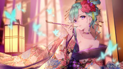  1girl blurry blurry_background breasts bug butterfly choker crystal_earrings earrings essual_(layer_world) green_hair holding holding_smoking_pipe insect japanese_clothes jewelry kimono kiseru lantern looking_at_viewer medium_breasts mole mole_on_breast obi off_shoulder purple_eyes sash short_hair_with_long_locks smoking_pipe solo virtual_youtuber vspo! yakumo_beni yoshiwara_lament_(song) yuujo 
