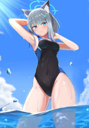  1girl animal_ear_fluff animal_ears black_one-piece_swimsuit blue_archive blue_eyes blue_sky breasts cloud competition_swimsuit covered_navel cross_hair_ornament day doku-doku extra_ears from_below grey_hair hair_ornament halo highres looking_at_viewer low_ponytail medium_breasts medium_hair mismatched_pupils multicolored_clothes multicolored_swimsuit official_alternate_costume one-piece_swimsuit outdoors partially_underwater_shot shiroko_(blue_archive) shiroko_(swimsuit)_(blue_archive) sky solo swimsuit wading wolf_ears 