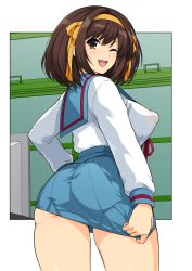 1girl ;d ass blue_sailor_collar bow breasts brown_eyes brown_hair commentary_request covered_erect_nipples cowboy_shot from_behind hair_bow hairband haruhisky highres kita_high_school_uniform large_breasts long_sleeves looking_at_viewer looking_back medium_hair miniskirt one_eye_closed open_mouth orange_bow orange_hairband puffy_nipples red_ribbon ribbon sailor_collar school_uniform serafuku shirt shirt_tucked_in skirt skirt_tug sleeve_cuffs smile solo standing suzumiya_haruhi suzumiya_haruhi_no_yuuutsu thighs v-shaped_eyebrows white_shirt rating:Questionable score:41 user:danbooru