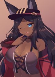  1girl absurdres animal_ears black_hair blue_eyes breasts cleavage dark-skinned_female dark_skin fang fate/grand_order fate_(series) finger_to_mouth highres jifuwabe large_breasts navel one_eye_closed parted_lips queen_of_sheba_(fate) smile solo upper_body  rating:Sensitive score:27 user:danbooru