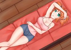  animal_ear_fluff animal_ears arm_over_head armpits ayano_kuronami bare_arms bare_legs blue_shorts breasts camisole cleavage drawstring green_eyes highres knees_together_feet_apart lying on_back orange_hair pink_camisole pink_shirt riceball_(unsafermike2002) shirt shorts sleeveless sleeveless_shirt smile spaghetti_strap thighs twintails  rating:Sensitive score:3 user:unsafermike2002