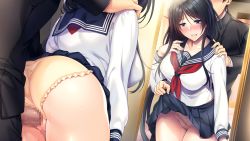 1girl ass azarashi_soft black_hair blue_eyes blush boku_to_kanojo_no_kojin_lesson breasts censored clenched_teeth clothed_sex clothes_lift clothing_aside embarrassed faceless faceless_male from_behind game_cg groin highres hinazuka_ryou indoors large_breasts legs lifted_by_self long_hair looking_to_the_side mirror mosaic_censoring panties panties_aside parted_bangs penis pussy reflection sailor_collar school_uniform serafuku sex skirt skirt_lift standing standing_sex teeth thighs tsukimori_misaki underwear rating:Explicit score:21 user:Ynyswydryn
