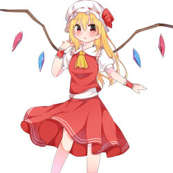  1girl alternate_hairstyle ascot blonde_hair blush breasts collared_shirt crystal doko_ni_demo_iru_bakana_shojo feet_out_of_frame flandre_scarlet frilled_shirt_collar frills hat highres long_hair mob_cap multicolored_wings puffy_short_sleeves puffy_sleeves red_eyes red_ribbon red_skirt red_vest ribbon ribbon-trimmed_headwear ribbon_trim shirt short_sleeves simple_background skirt skirt_set small_breasts solo touhou vest white_background white_hat white_shirt wings wrist_cuffs yellow_ascot 