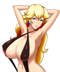  1girl armpits arms_behind_head arms_up bikini blonde_hair blue_eyes breasts cleavage covered_erect_nipples earrings huge_breasts jewelry long_hair looking_at_viewer mario_(series) naughty_face nintendo nipples princess princess_peach slingshot_swimsuit smile solo super_mario_bros._1 swimsuit withpride 