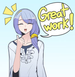  1girl blush closed_eyes commentary dress english_commentary english_text grey_hair hairband izumi_(under_night_in-birth) long_hair open_mouth red_seiryu side_ponytail simple_background solo speech_bubble thumbs_up under_night_in-birth under_night_in-birth_2_sys:celes white_dress yellow_hairband 