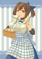  1girl absurdres apron basket blue_apron blue_background blue_bow blue_bowtie blue_skirt blush bow bowtie breasts brown_eyes brown_hair checkered_apron checkered_clothes employee_uniform food gingham gingham_apron gingham_skirt hair_ribbon high-waist_skirt highres holding holding_basket ise_(kancolle) kantai_collection kobeya_uniform large_breasts looking_at_viewer plaid plaid_apron pleated_shirt ponytail pot-de ribbon sandwich short_hair short_sleeves skirt smile solo striped_background uniform waitress 