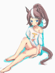  absurdres animal_ears bad_id bad_pixiv_id blue_eyes bottomless brown_hair chi_(luckyeric320) highres horse_ears horse_tail multicolored_hair no_pants off_shoulder shirt simple_background sitting streaked_hair t-shirt tail tokai_teio_(umamusume) umamusume white_background white_shirt  rating:Sensitive score:3 user:destine97