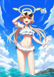 1girl :d absurdres angry_birds bikini bird blonde_hair blue_archive blue_sky clenched_hand cloud cloudy_sky collarbone day detached_sleeves eyewear_on_head fallstreak_hole floating_hair flying frilled_bikini frills from_below hair_between_eyes hair_ribbon halo hand_on_own_head hifumi_(blue_archive) hifumi_(swimsuit)_(blue_archive) highres light_blush light_particles long_hair looking_at_viewer low_twintails matilda_(angry_birds) mountain navel official_alternate_costume open_mouth outstretched_arm ribbon round_eyewear short_sleeves sidelocks sky smile sunglasses swimsuit teeth tongue tongue_out twintails upper_teeth_only wading white_bikini white_bird white_ribbon xogus1025 yellow_eyes yellow_halo 