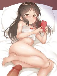 1boy 1girl absurdres aftersex ass bare_arms bare_shoulders barefoot blush bottomless brown_eyes brown_hair censored closed_mouth cum expressionless flat_chest from_below genmon highres holding holding_phone idolmaster idolmaster_cinderella_girls loli long_hair lying mosaic_censoring on_side penis phone pillow sweat tachibana_arisu rating:Explicit score:386 user:danbooru