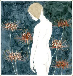  1girl ass border brown_eyes brown_hair colored_skin cowboy_shot facing_down flat_ass floral_background flower kishi_takuya original painting_(medium) petite profile red_flower skinny solo spider_lily traditional_media watercolor_(medium) white_skin 
